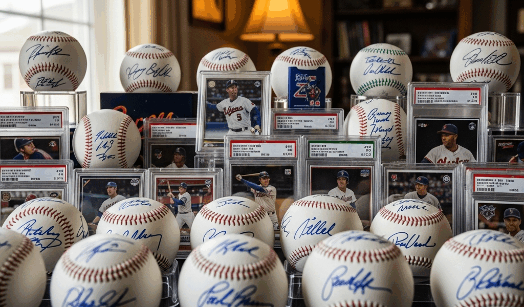 signed baseballs and graded sports cards collection display