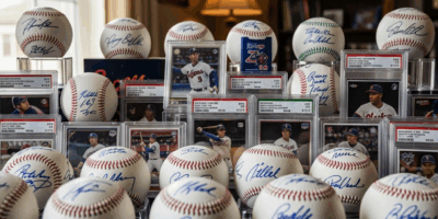 signed baseballs and graded sports cards collection display